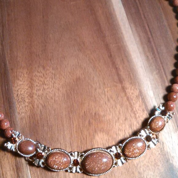 Gold Sandstone and Brown Austrian Crystal Beaded Goldtone Dragon Necklace - Picture 6 of 13